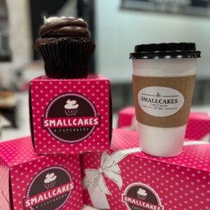 Boxes of cupcakes and a coffee drink from Smallcakes